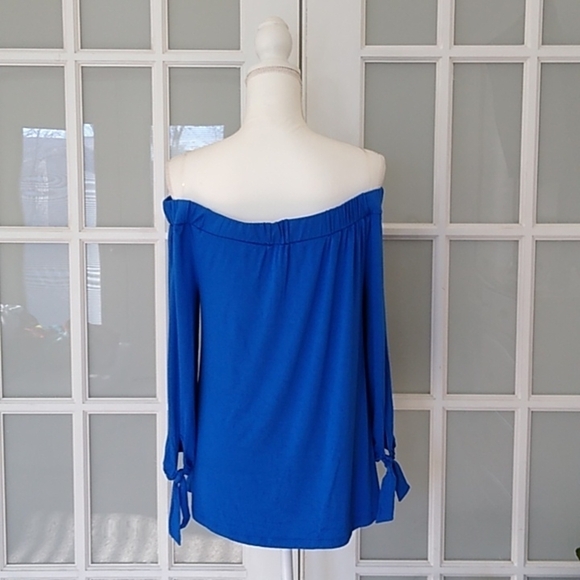 Cable & Gauge Cobalt Blue Off The Shoulder Tie Sleeve Blouse - Picture 5 of 12